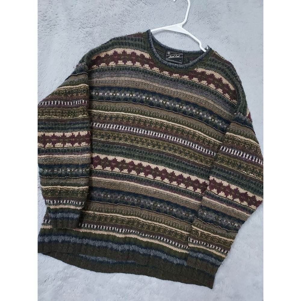 Vintage American Eagle Pullover Mens XL Fair Isle Hand Knit Wool Blend Green Y2K